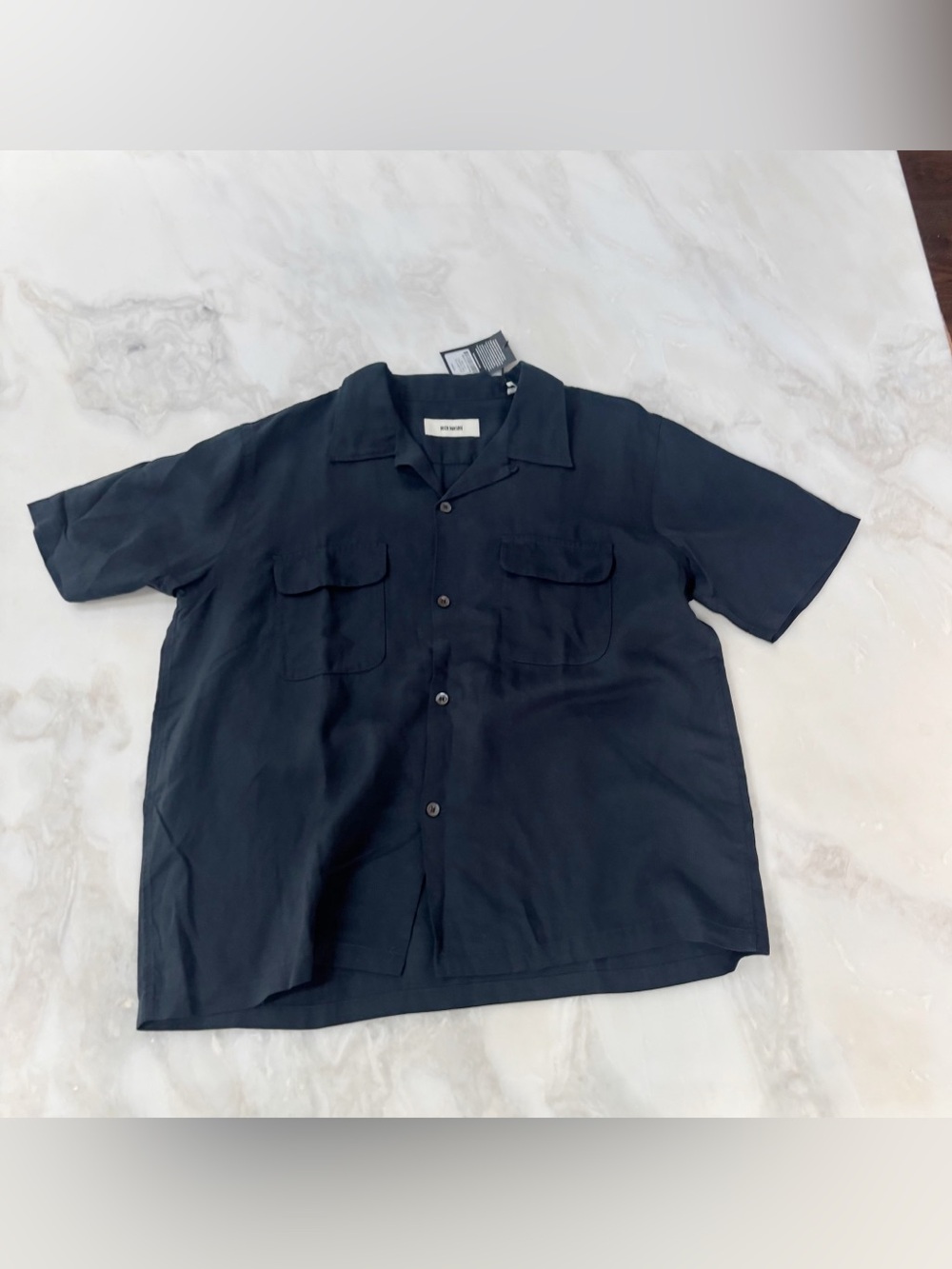 Buck Mason Men’s Draped Linen Blend Short Sleeve Camp Shirt Size Large Navy New